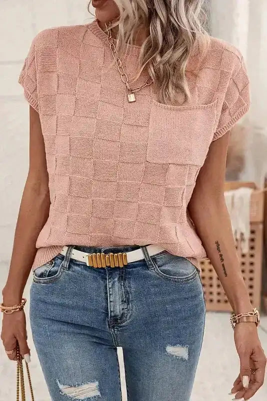 Dusty Pink Lattice Textured Knit Short Sleeve Sweater - Fashionfitz