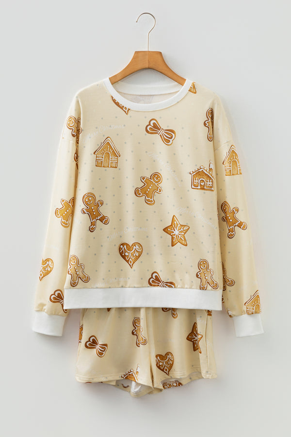 Gingerbread Print Long Sleeve Pullover Lounge Shorts Set Women UK