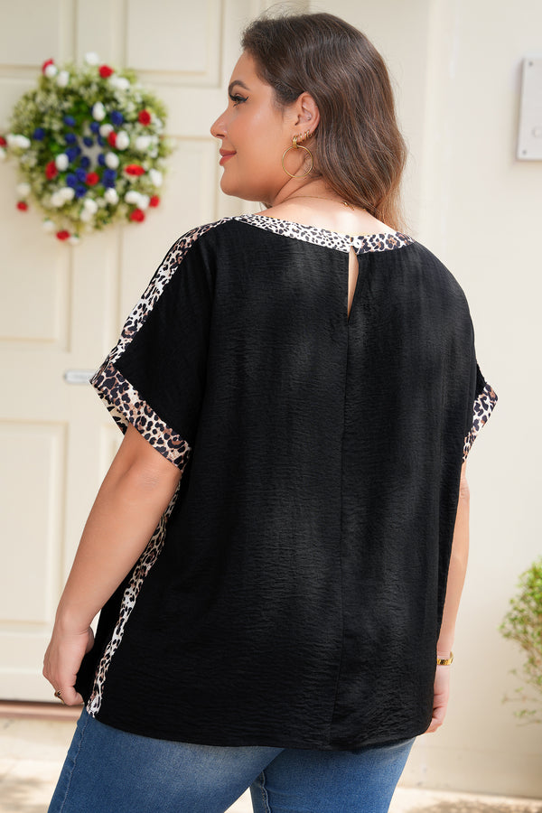 Back view of leopard patchwork round neck loose plus size tee