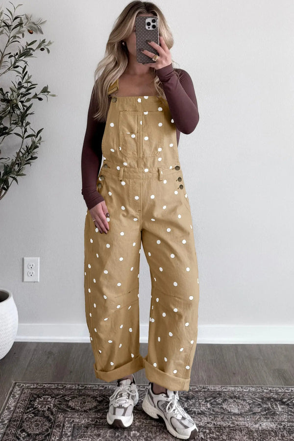 Polka dot denim barrel overalls side view | Fashionfitz UK