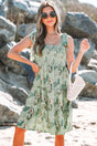 Grey Floral Knotted Strap Smocked Tiered Ruffle Mini Dress Women UK