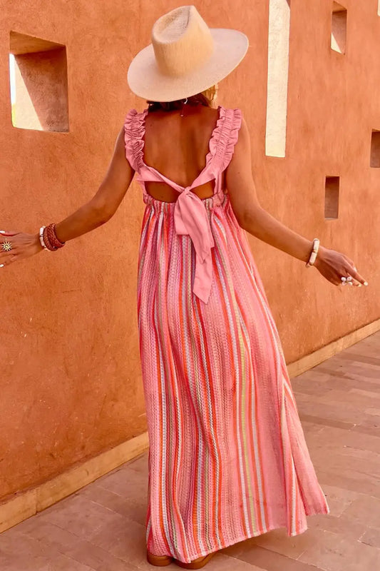 Women's Striped Ruffle Strap Ribbon Knot Boho Maxi Dress