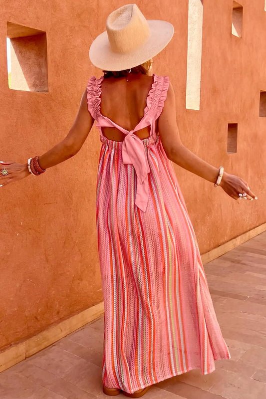 Women’s striped ruffle strap ribbon knot boho maxi dress dresses