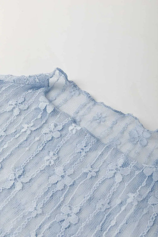 Sheer floral lace slim-fit top - elegant | slim fit mock neckline lettuce hem