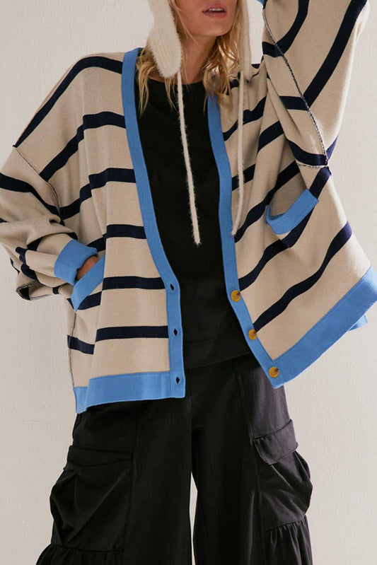 Urban Stripe Loose Cardigan in beige with navy stripes and sky blue trim, open front design with a relaxed fit perfect for autumn layering.