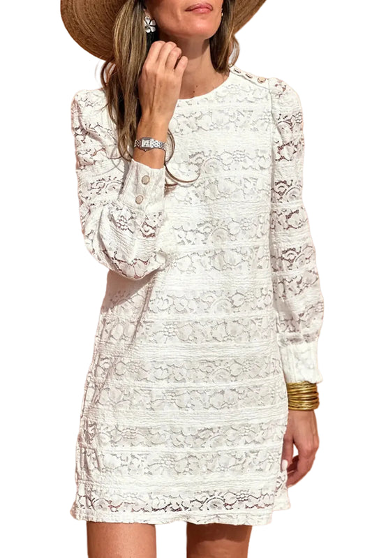White lace crochet puff sleeve round neck shift dress