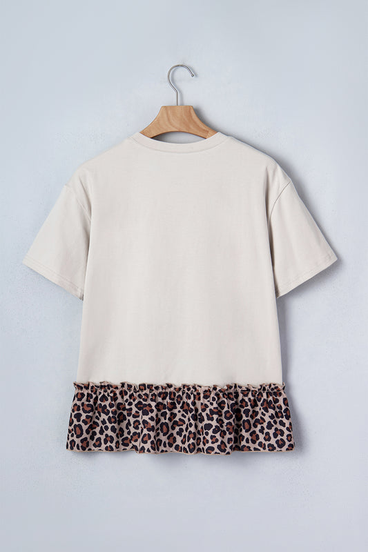 Retro Western Cowgirl Print Leopard Ruffle Hem Patchwork T-Shirt