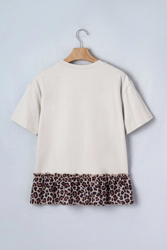 Women's western cowgirl tshirt back view leopard ruffle hem casual