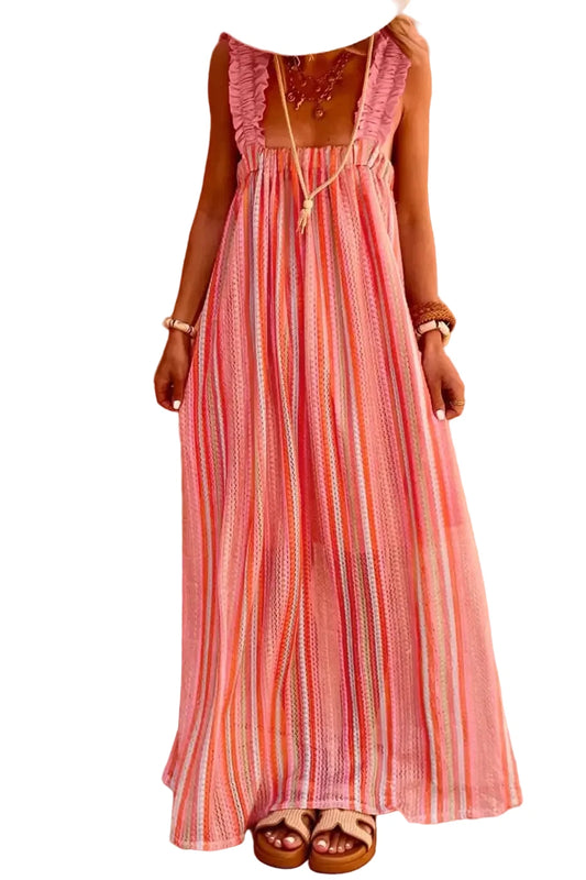 Women's Striped Ruffle Strap Ribbon Knot Boho Maxi Dress