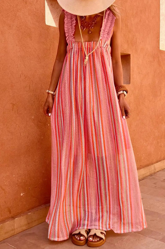 Women’s striped ruffle strap ribbon knot boho maxi dress dresses