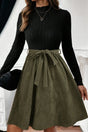 Black ribbed knit slim patchwork belted mini dress