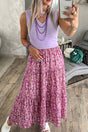 Purple Ribbed V Neck Tank Floral Contrast Patchwork Long Dress