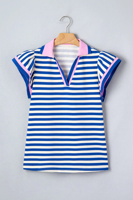 Women's stripe contrast trim polo collar ruffled short sleeve blouse front view