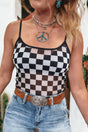 Sheer checkered print spaghetti strap slim crop tank top tops