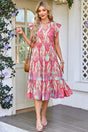 Rose Tribal Paisley Ruffled Sleeve Notch Neck Midi Dress Women UK