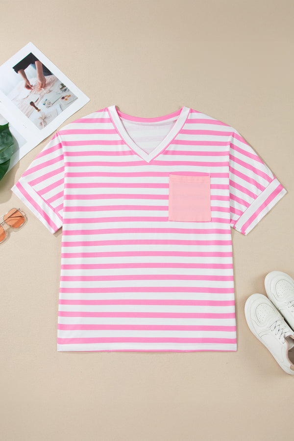 Plus Size Stripe Colourblock V-Neck Tee Patched Chest Pocket Short Sleeve — side view | Fashionfitz UK