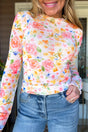 White Lettuce Trim Floral Print Sheer Mesh Long Sleeve Top
