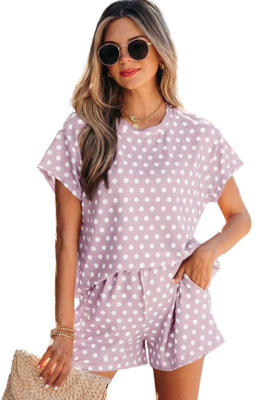 Purple polka dot print short set