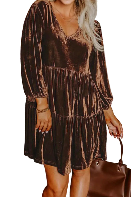 Chicory coffee velvet v neck tiered mini long sleeve