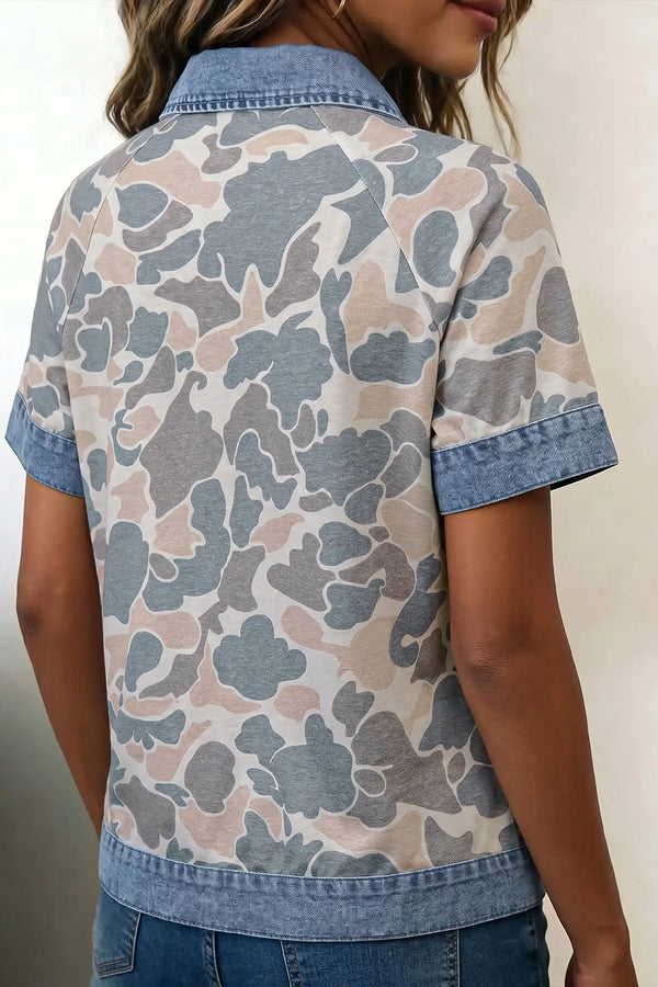 Multicolour camouflage denim patchwork polo tee back view — Fashionfitz UK
