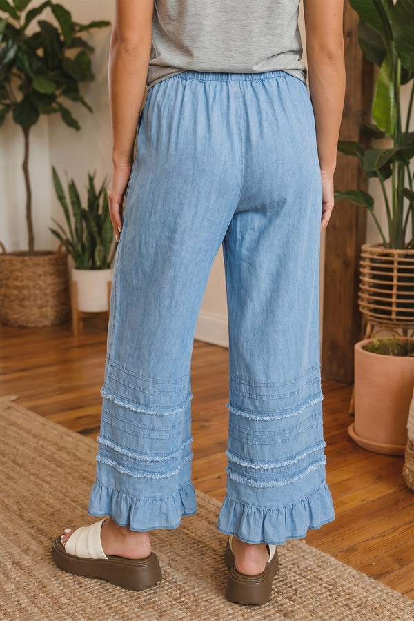 Ruffled Hem Wide Leg Chambray Pants Women UK