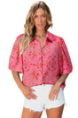 Floral Loose Button-Front Shirt Collar Blouse Women UK in rose red floral — front view showing shirt collar and button-front — Fashionfitz
