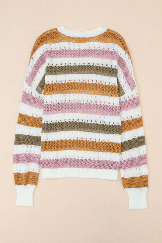 Knitted Loose Sweater - Striped Hollowed