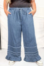 Plus size tiered ruffled wide leg denim pants front view — Fashionfitz UK