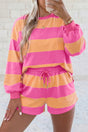 Stripe Long Sleeve Top & Drawstring Shorts 2-Piece Set Women UK