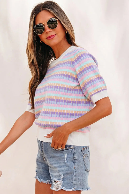 Abstract striped knit short sleeve sweater sweaters