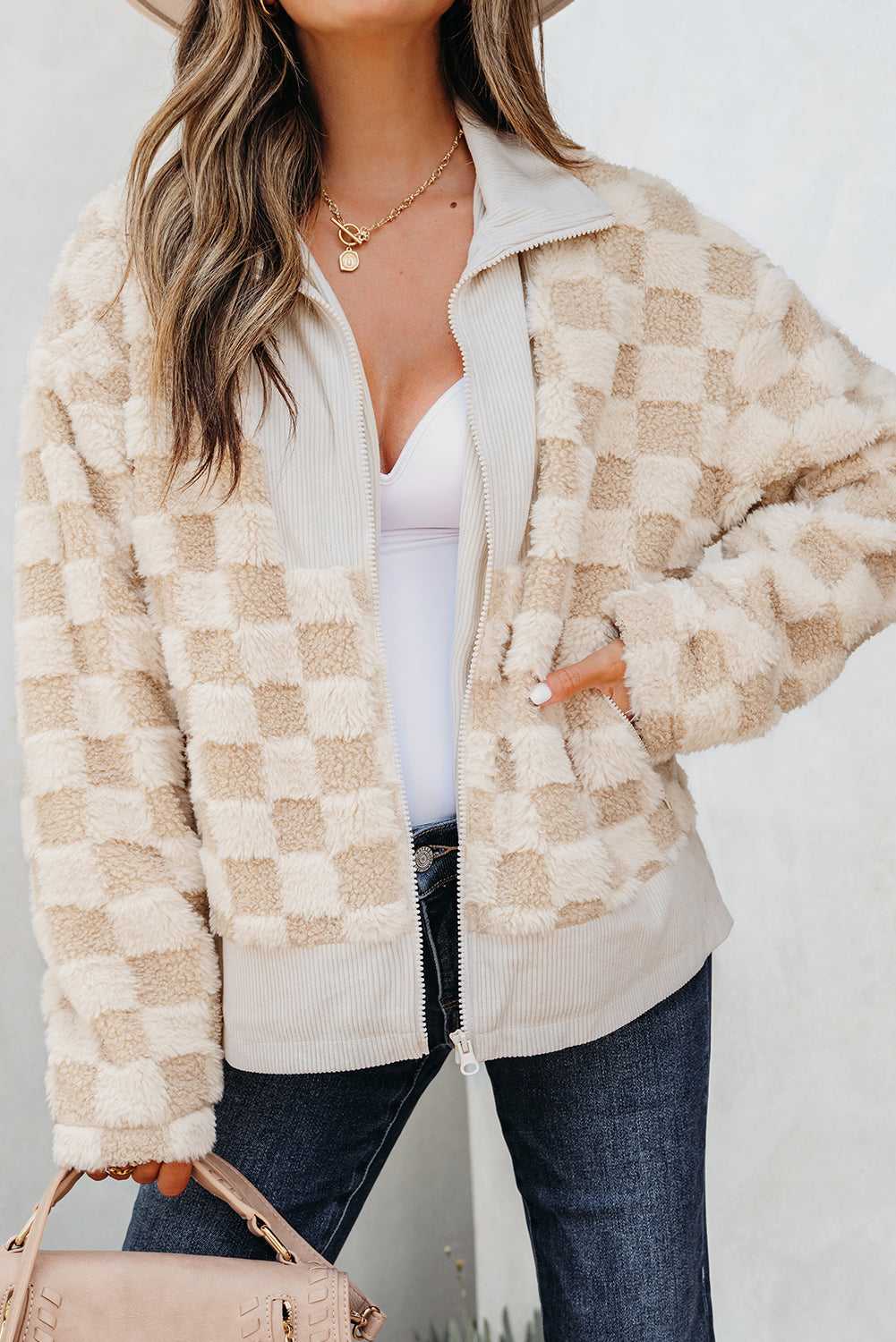 Person wearing a Corduroy Sherpa Jacket with a plain background -1