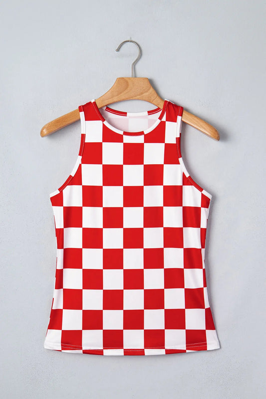 Checkerboard print slim fit sleeveless tank top tops
