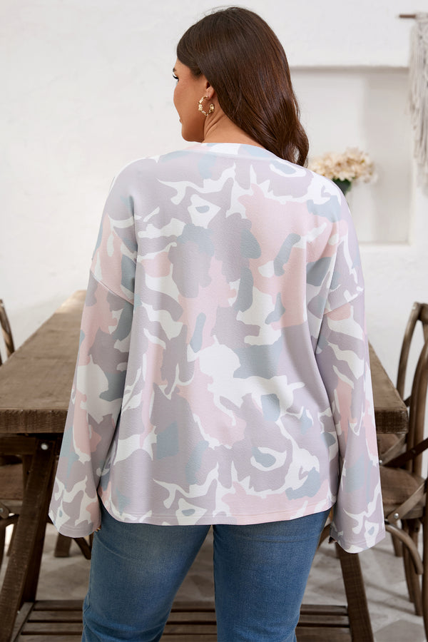 Back view of camo print drop shoulder loose pullover plus size top