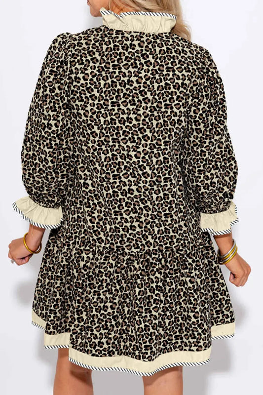 Back view of Leopard Print Striped Trim Mini Dress featuring ruffled collar and hem with contrast striped trim, ideal for daily wear.