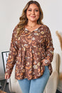 Khaki Floral Textured Tied Neck Long Sleeve Plus Size Babydoll Blouse
