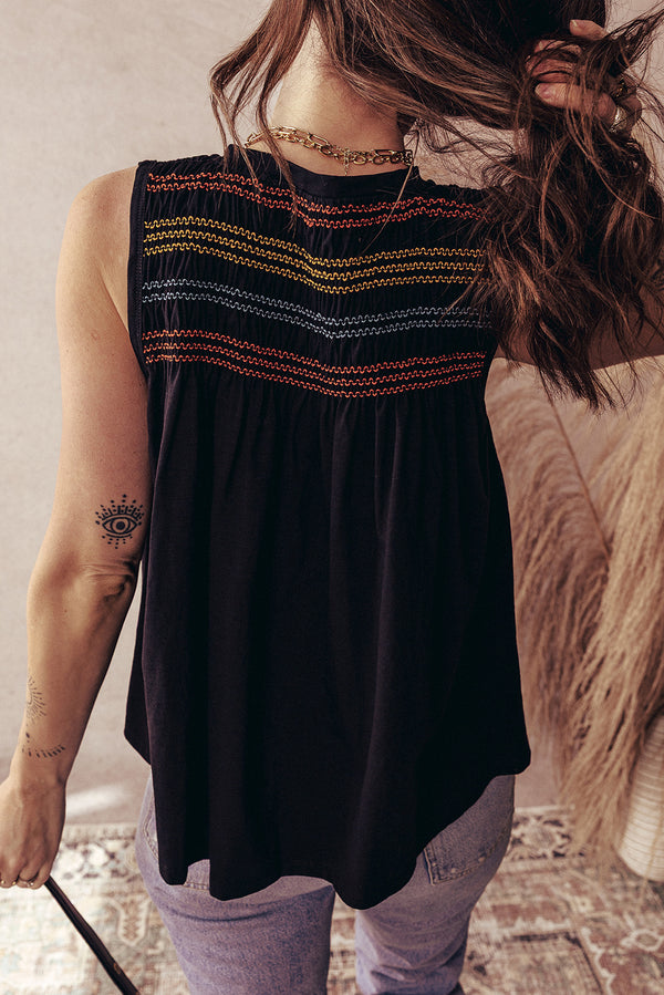 Black Colorful Shirred Yoke Notched V Neck Tank Top Women UK