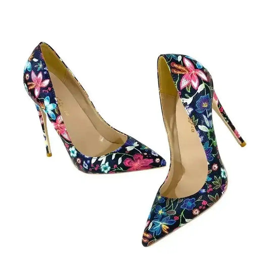 Trendy Embroidered Stilettos Court Shoes with vibrant floral graffiti design and pointed toe. FashionFitz exclusive high heels for stylish occasions.