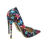 Trendy Embroidered Stilettos Court Shoes with multicolor floral graffiti on fabric PU leather. FashionFitz exclusive high heels for daily or occasion wear.