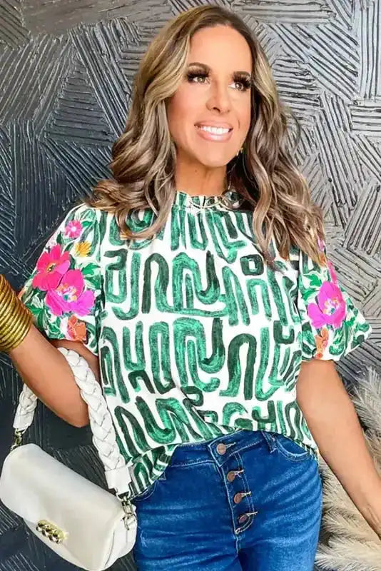 Embroidered Puff Sleeve Frilled Neck Top - Fashionfitz