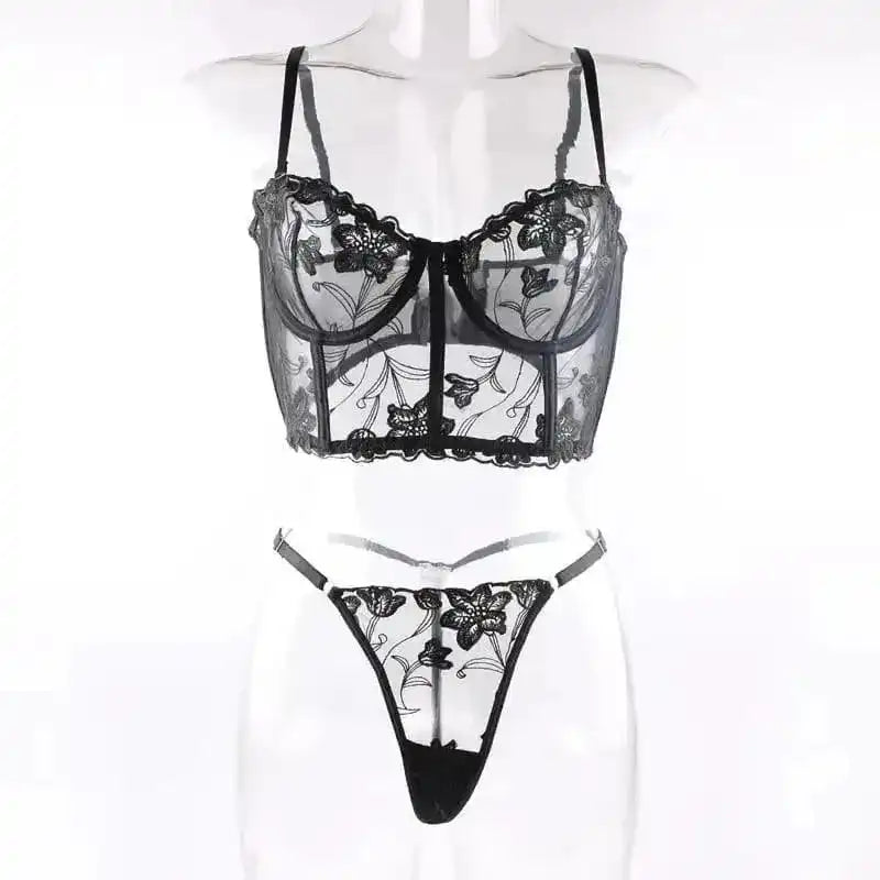 Embroidered Thong Sexy Bustier Bra Set - Fashionfitz