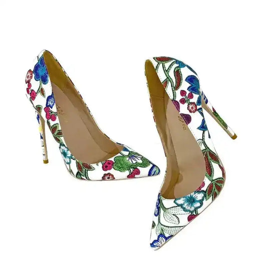 FashionFitz Embroidery Graffiti Party Heels featuring multicolor floral embroidery. Stylish pointed-toe pumps for adult women’s party wear.