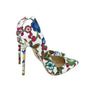 FashionFitz Embroidery Graffiti Party Heels with floral design and stiletto high heels. Elegant court shoes in white PU leather for women.