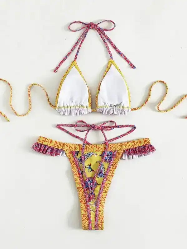 Ethnic Print Halter Neck Tie Bikini - Fashionfitz