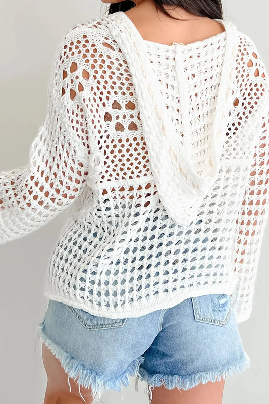 White hollow out crochet knit american flag patched sweater hoodie