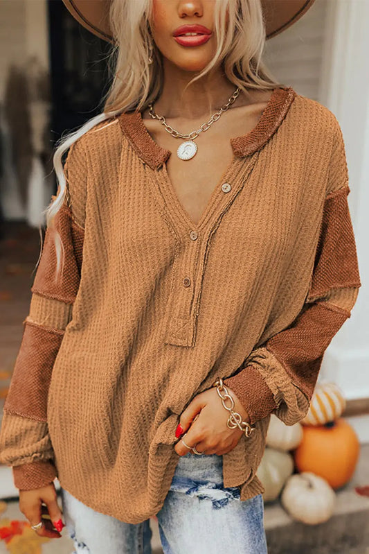 Contrast waffle knit henley top clothing tops