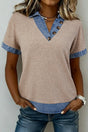 Beige ribbed knit denim patchwork blouse — front view, V-neck and button detail | Fashionfitz UK