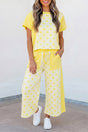 Colour Block Polka Dot Wide Leg Pant Set Women UK in Yellow — front view showing co-ord top and wide-leg pants together — Fashionfitz