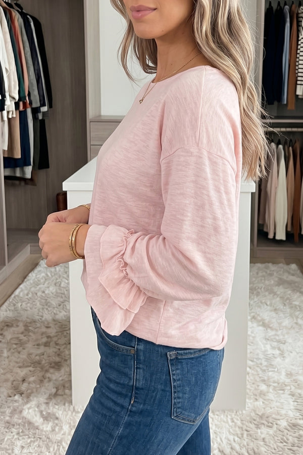Pink Ruffle Sleeve Long Sleeve Loose Pullover Top Women UK