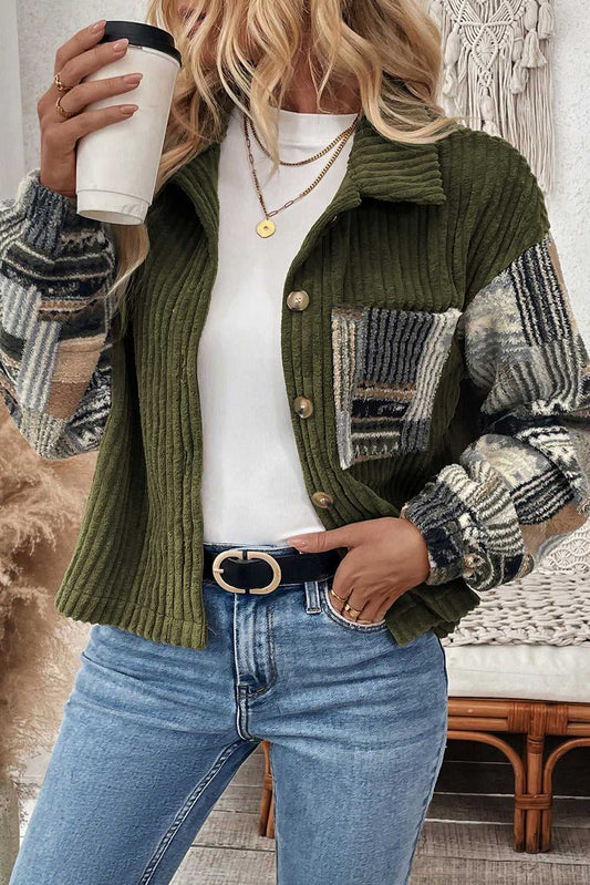 Women's Green Plaid Corduroy Fleece Jacket with patchwork sleeves and chest pocket, styled with jeans and layered necklaces.