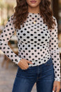 Polka Dot Sheer Long Sleeve Round Neck Top Women UK in White — front view showing slim-fit silhouette and sheer polka dot mesh — Fashionfitz